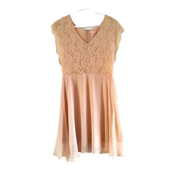 Cute Y2K Midi/ Mini Dress Lace & Chiffon Champagne Peach A-line Dress Barbiecore - Picture 5 of 16
